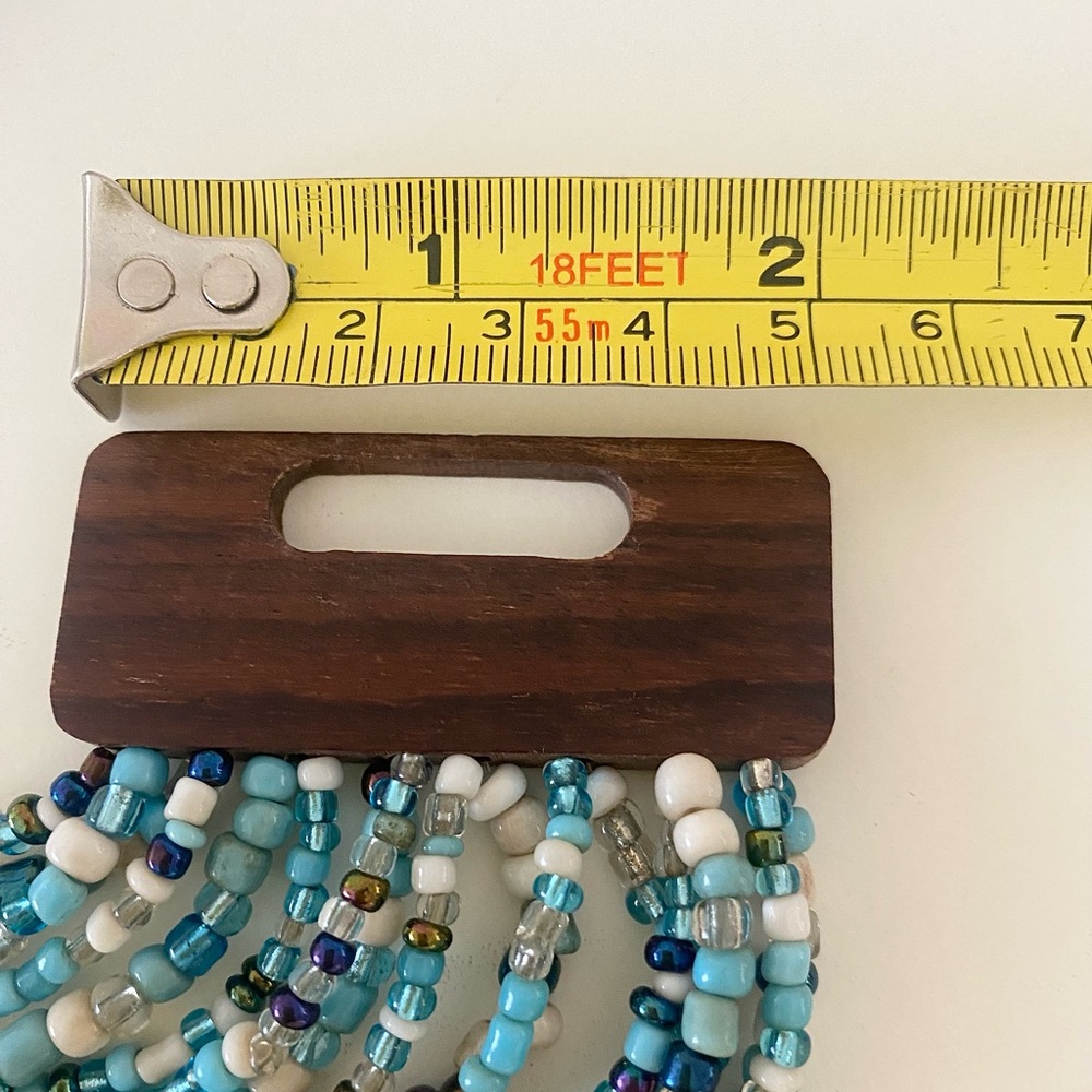 Unique Vintage Aqua Blue and White Beaded Necklace with carved wood clasp - Picture 8 of 9